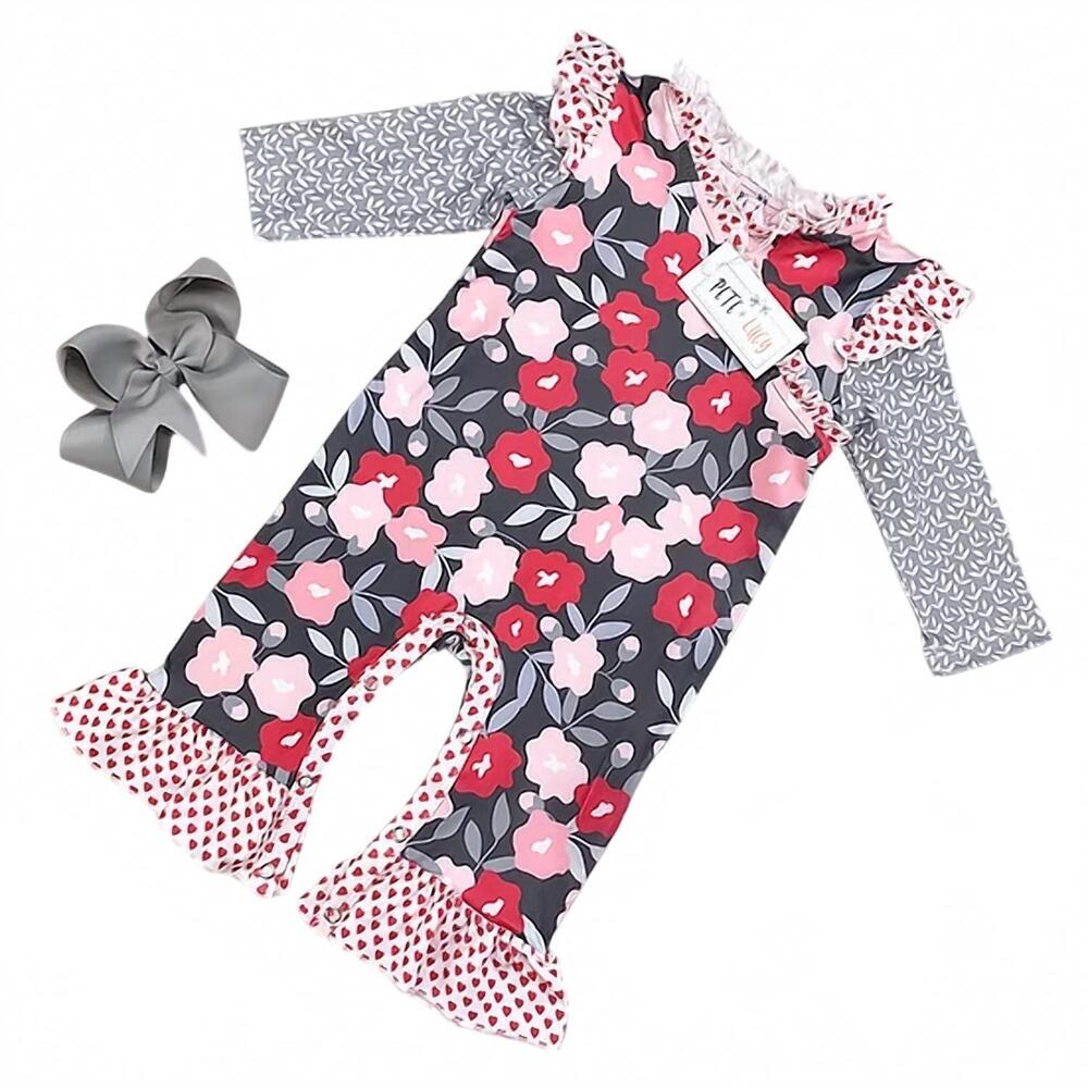 NEW PETE + LUCY girls i love poppies romper in grey multi